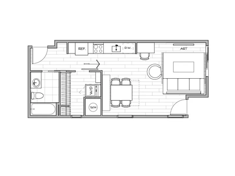a floor plan of an apartment unit with furniture on a white background at Lotus Gallacher luxury apartments for rent in Salt Lake City, UT